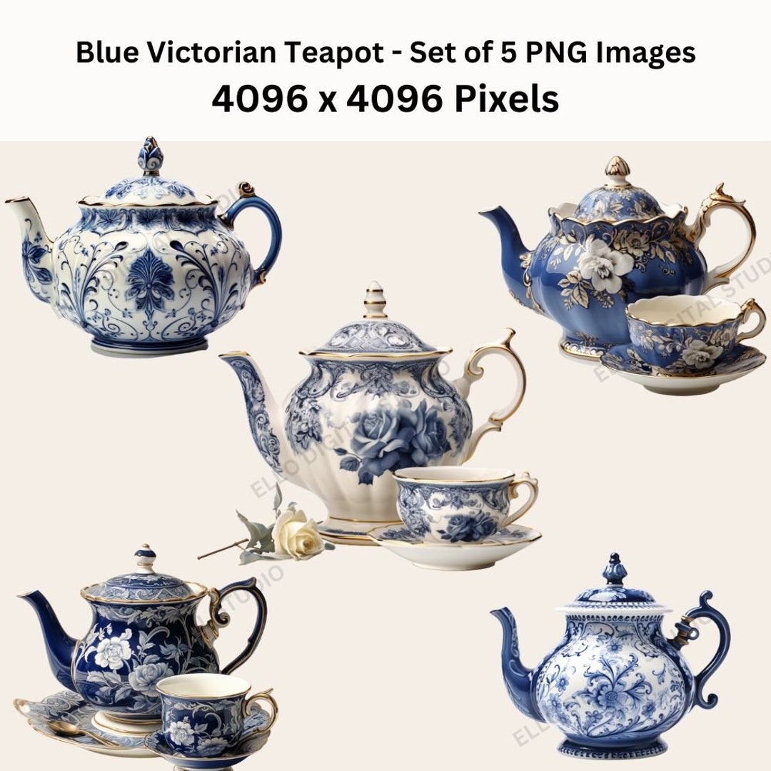 Blue Victorian Teapot Bundle Pack of 5 Garden Tea Clipart Etsy