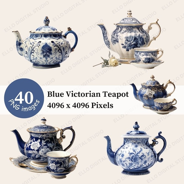 Blue Victorian Teapot Bundle Pack of 5 Garden Tea Clipart Transparent PNG Instant Digital Download Realistic Images