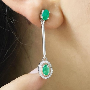 Natural Green Emerald dangle and stud earrings for women, Vintage Green Emerald earrings, 925 Sterling silver earrings Handmade earrings