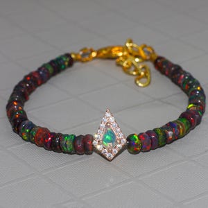 Natural fire black Rondell opal beads with kite multi fire opal charm bracelet, AAA Ethiopian opal bracelet Vintage fire opal charm bracelet