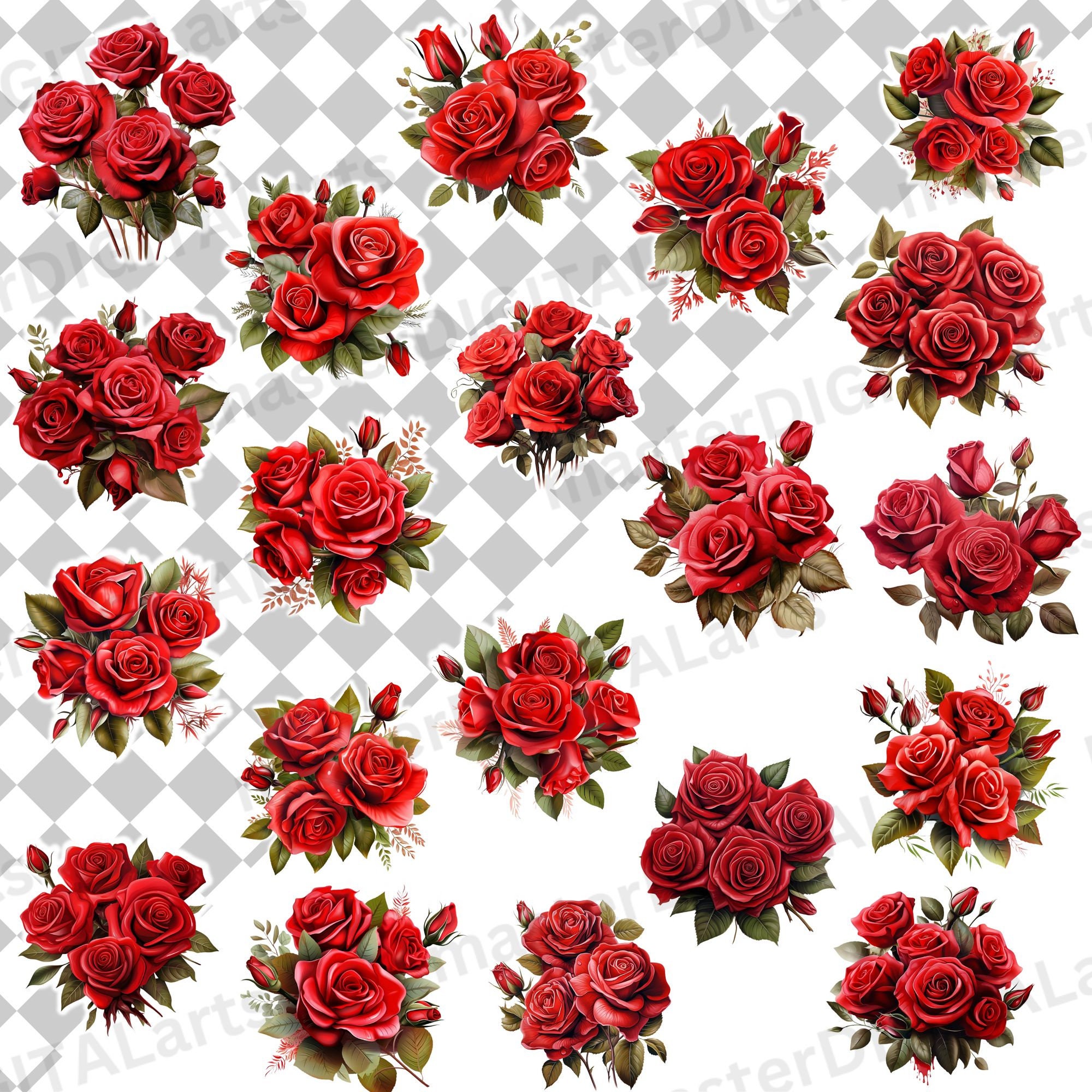Red Rose PNG, Watercolor Red Rose Bouquet Clipart Bundle, Wedding