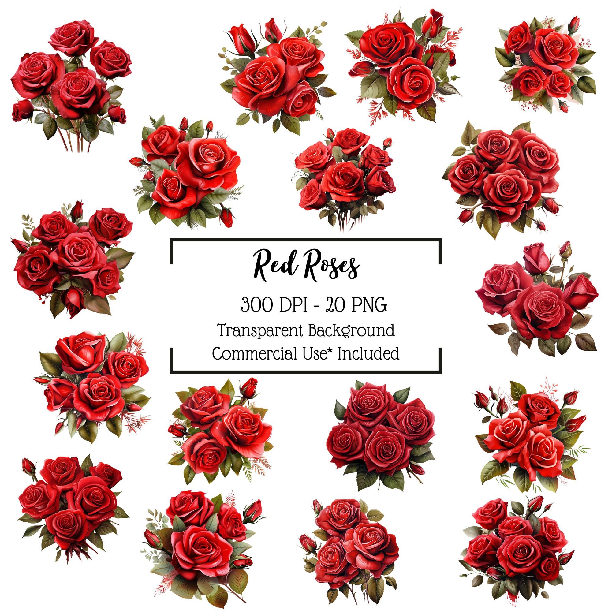 Red Rose PNG, Watercolor Red Rose Bouquet Clipart Bundle, Wedding