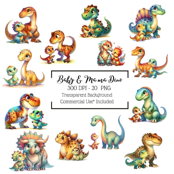 Mama Dino with Baby Dino Clipart Collection - Nursery Clipart, Dinosaur Printable, Stickers, 20 PNG, Commercial Use, Illustration.