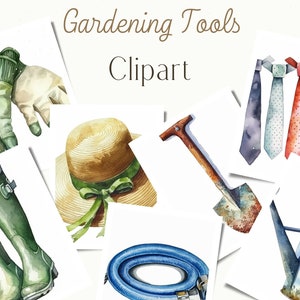 Op de afbeelding: Een set aquarel illustraties van tuingereedschap, waaronder een paar handschoenen, een strohoed, een schop, een gieter, een tuinslang en een paar regenlaarzen. De illustraties zijn in vintage stijl en perfect voor gebruik in scrapbooking, kaart maken of andere knutselprojecten.