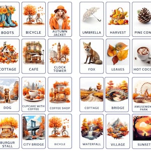 Op de afbeelding: Een set van 24 geïllustreerde kaarten met herfsttaferelen en -objecten. De kaarten zijn gerangschikt in een raster van vier rijen en zes kolommen. Elke kaart heeft een uniek beeld, waaronder een brug, laarzen, een fiets, een herfstjas, een paraplu, een oogstmand, een dennenappel, een eikel, een stel, een huisje, een café, een klokkentoren, een vos, bladeren, warme chocolademelk, een ketel, een hotdogkraam, een hond, een cupcake met koffie, een koffiehuis, een huisje, een brug, een pretpark, een wijngaard, een stadstoren, een hamburgerkraam, een stadsbrug, een fiets, een waterval, een dorp, een zonsondergang en wolkenkrabbers.