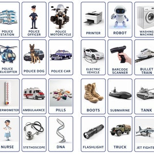 Get our Multi Category Essentials Flashcard Bundle with Police, Army, Medical, Classroom, and Tech themes, Instant Digital Download