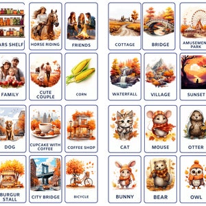 Paquete de tarjetas flash de esplendores otoñales que incluyen animales de dibujos animados, elementos otoñales, paisajes y otoño de la ciudad de Nueva York, descarga digital