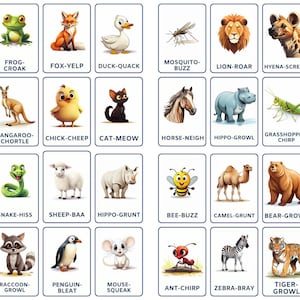 32 動物の鳴き声フラッシュカード、子供向け印刷可能、命名カード、幼児向けアクティビティ、モンテッソーリ カード、就学前カード、イメージ カード