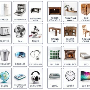 Op de afbeelding: Een verzameling huishoudelijke artikelen, waaronder een blender, een koelkast, een vaatwasser, een magnetron, een vloerconsole, een zwevend rek, een archiefkast, een vitrinekast, een wasmachine, een broodrooster, een ventilator, een mixer, een eettafel, een eetservies, een eetstoel, een salontafel, een jerrycan, een ijsbak, een skibrille, een stethoscoop, een kussen, een open haard, een bed, een kraan, een trechter, een aardbol, een elektronische weegschaal, oorkappen, een bank, een klok, een LED-tv en een deur.