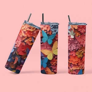 3D Butterflies Floral Seamless Skinny Tumbler Design Template, Flower Pattern, Daisy Tumbler Wrap, 3D Flowers, Straight PNG Digital Download
