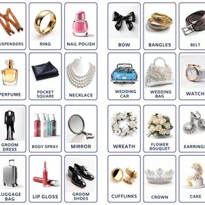 32 Bridal and Groom Accessories Flashcards, Image Cards for Kids, Nomenclature Cards, Flashcards, Activity for Kids, Printable Preschool