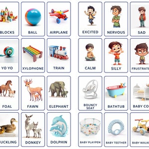 Paquete de tarjetas didácticas del paquete de cuidado infantil que incluye animales de dibujos animados de otoño, accesorios para bebés, animales bebés, emociones, juguetes, descarga digital
