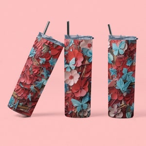 3D Red Cherry Blossoms Floral Seamless Skinny Tumbler Design Templates, flower pattern, tumbler wrap, Straight PNG Instant Digital Download