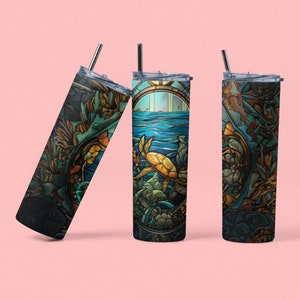 Stained Glass Beach Crabs Skinny Tumbler Sublimation Design Templates, Templates, Mom Funny, Ocean Themed Straight PNG Digital Download