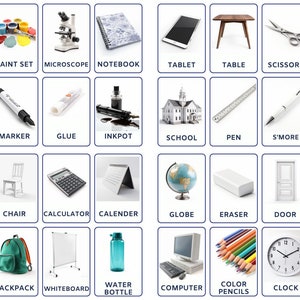 Plongez dans l'environnement de la salle de classe avec des cartes mémoire en images réelles, améliorez le vocabulaire anglais avec des fournitures et des objets scolaires.