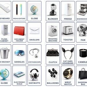 Op de afbeelding: Een verzameling van 36 verschillende objecten, waaronder een laptop, een toetsenbord, markeerstiften, een aardbol, een blender, een koelkast, een vaatwasser, een magnetron, een map, een archiefkast, een documentenhouder, een envelop, een wasmachine, een broodrooster, een ventilator, een mixer, een jerrycan, een ijs emmer, een skibril, een stethoscoop, een clutch, een kattenoren haarband, een kaars, strik oorbellen, een trechter, een aardbol, een elektronische weegschaal, oorkappen, ballonnen, een pols horloge, een winkel tas en sneakers.