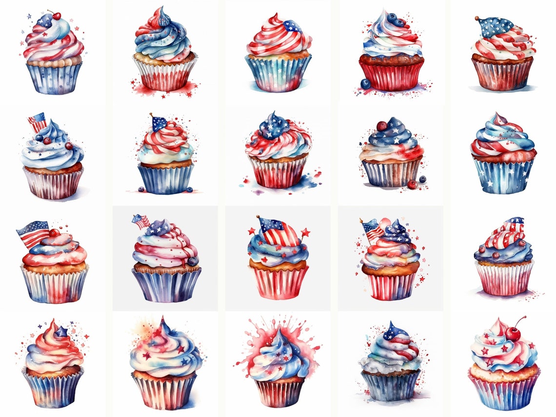 Patriotic Cupcake Clipart PNG Watercolor Red White Blue - Etsy