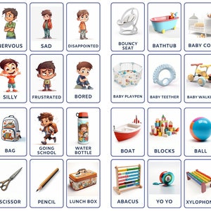 Pacote Flashcard de aventuras de aprendizagem para crianças, incluindo brinquedos, escola infantil, piquenique, acessórios para bebês e emoções infantis, download digital