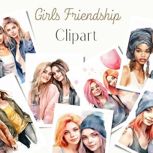 Watercolor best friends clipart, 30 High Quality JPGs files, Watercolor girl BFF clipart, Friendship clipart, Best friends girl clipart
