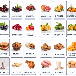 Das Flashcard-Paket mit Lebensmitteln und Ernährung enthält Zitrusfrüchte und Gemüse, Beeren, Nüsse, proteinhaltige Lebensmittel und Fast Food
