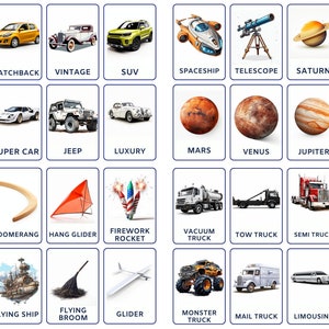 Pacote de flashcards de aventuras de veículos, incluindo flashcard de veículos, veículos grandes, objetos voadores, flashcard de carros, espaço, download instantâneo