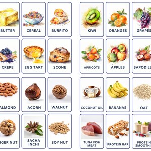 Ensemble de cartes flash sur la santé et la nutrition, comprenant les fruits, le petit-déjeuner, les légumes, les noix, les aliments protéinés, le téléchargement numérique instantané