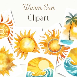 Warm Sun clipart, Summer clipart, Warm sun png clipart, Hand drawn watercolor digital sun clip art, Summer sun png, Instant digital download