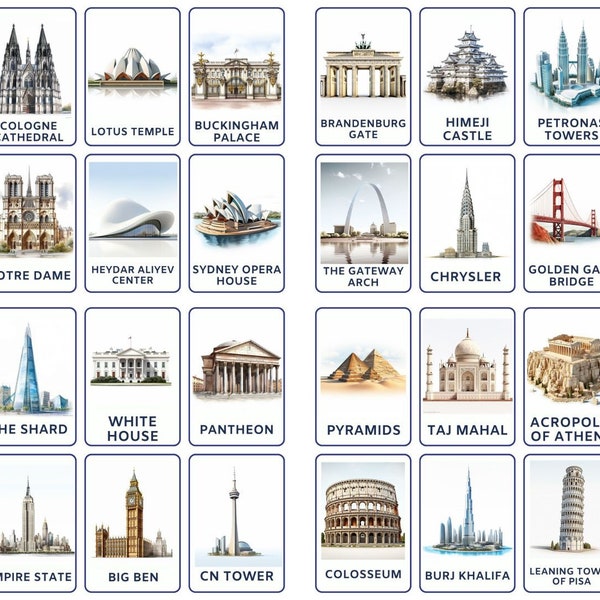 Architectural Wonders Await, 32 Famous Buildings Flashcards for Kids, Montessori Inspired Fun for Toddlers and Preschoolers