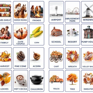 Op de afbeelding: Een verzameling van 36 geïllustreerde afbeeldingen die verschillende objecten, scènes en concepten weergeven. De afbeeldingen zijn in een rasterpatroon gerangschikt en bevatten items zoals een portret, potten op een plank, een ruiter, vrienden, een luchthaven, een pretpark, een windmolen, een magazijn, een groentekraam, een gezin, een schattig stel, maïs, een school, een resort, een pompstation, een politiebureau, een paraplu, een oogstmand, een dennenappel, een eikel, een kar, een krans, een volleybal, een vos, bladeren, een kopje warme chocolademelk, een ketel, een vrachtwagen, een boom, een trui en een bloem.
