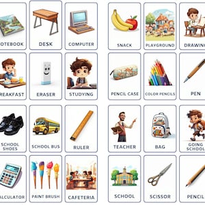 32 Tarjetas didácticas escolares para niños, Imprimibles para niños, Tarjetas de nomenclatura, Actividad para niños pequeños, Tarjetas Montessori, Tarjetas para preescolar
