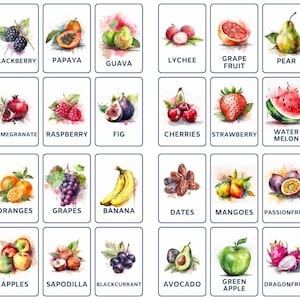 32 Fruits Flashcards, Kids Printable, Nomenclature Cards, Toddler Activity, Montessori Cards, Cards for Preschool, Fruit Cards, Image Cards