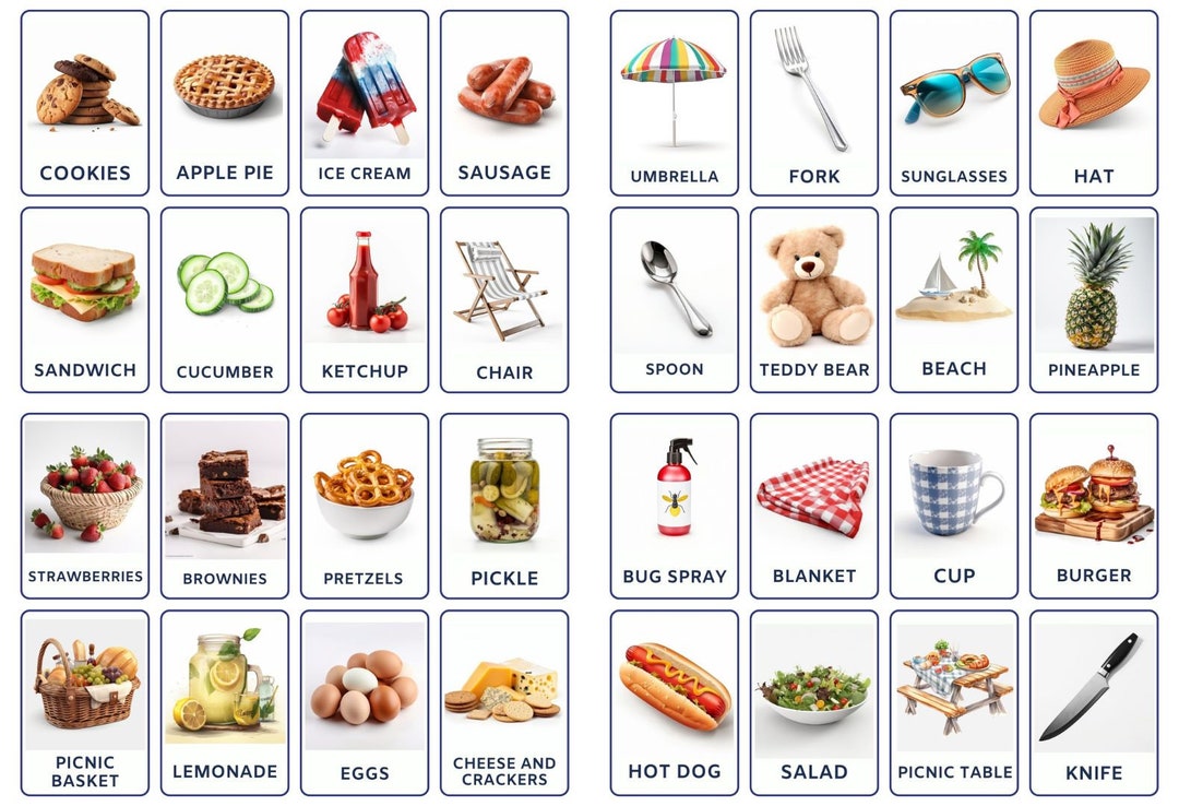 32 Picnic Flashcards, Kids Printable, Nomenclature Cards, Toddler