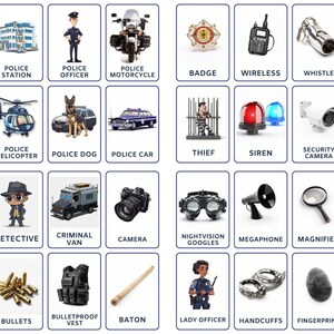 Diversão de aprendizagem com tema policial, 32 flashcards imprimíveis para crianças, nomenclatura e cartões de imagem para pré-escolares