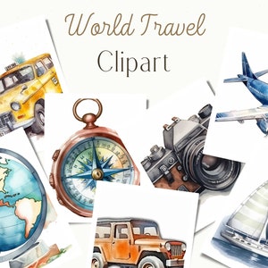 Op de afbeelding: Een set aquarel illustraties met reis-thema's, waaronder een globe, kompas, vliegtuig, zeilboot, camera en een gele taxi. De illustraties zijn perfect voor scrapbooking, kaart maken en andere knutselprojecten.