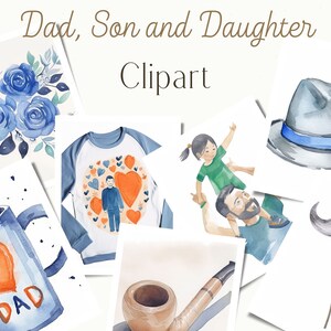 Father&#39;s Day Watercolor Clipart, Watercolor Dad And Son Clipart, Family Clipart, Dad and Daughter Clipart Set, PNG & JPG Digital Download