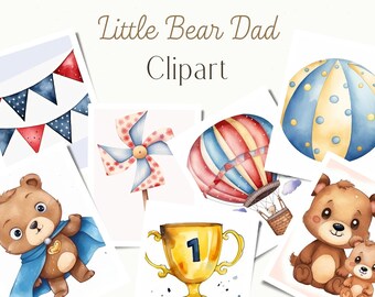 Clipart de acuarela PNG del Día del Padre, Super Papá, clipart de Papá Oso, tarjeta de regalo del Día del Padre, decoración de guardería, animales de acuarela, gráficos de osos