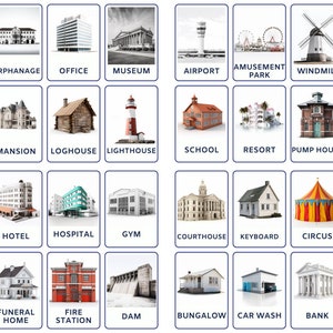 Découvrez différents bâtiments avec 32 cartes Flash Montessori, cartes Flash de nomenclature, PDF modifiable, cartes imprimables pour l'école maternelle