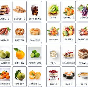 Flashcard Bundle d’aliments alléchants, y compris la restauration rapide, les aliments protéinés, les aliments et les fruits célèbres, téléchargement numérique