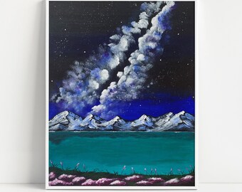 Celestial Tranquility, Oil Painting of Serene Lake beneath the Milky Way, Original Hand-painted, Painting On Canvas