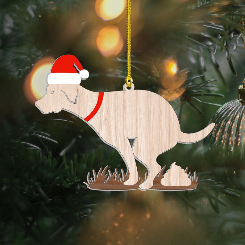 Pooping Dog Christmas Wooden Tree Ornament, Funny Dog Ornament