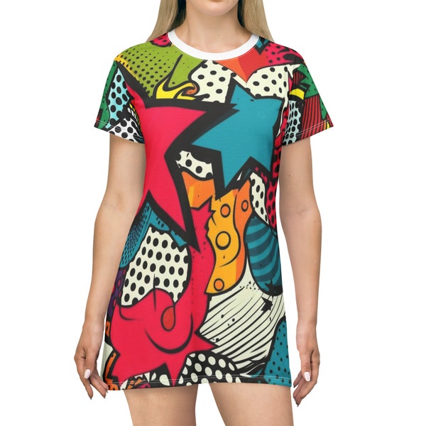 comics T-Shirt Dress, For Her, Fresh Style, Highly Detailed, High Quality, Comfortable Fit, Exclusive, Original, Boutique T Shirt Design
