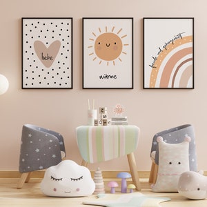 Babyzimmer Poster Dekoration 3er Set im Boho Stil Herz Sonne Regenbogen Wanddeko Kinderzimmer Wand Rahmen Braun Beige minimalistisch modern Bild 5