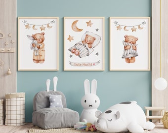 Baby Poster Gute Nacht Teddy - 3er Set Mond Sterne Kinderzimmer Deko Geschenk Geburt Babyzimmer Dekoration Rahmen mit Spruch Wandbild