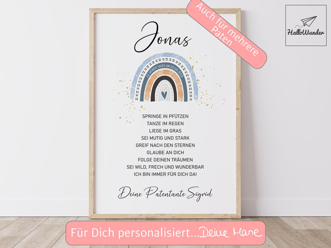 Taufgeschenk Taufe Poster personalisiert Patenbrief Regenbogen Jungen
