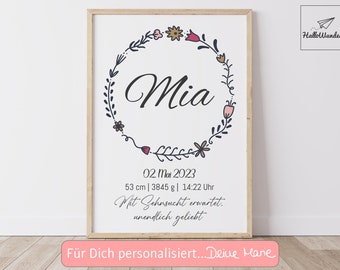 Geburtsposter Babyposter Blumen Mädchen personalisiert mit Geburtsdaten Taufe Taufgeschenk Geschenk Blumenkranz Geburt Poster Hallo Welt