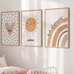 Babyzimmer Poster Dekoration 3er Set im Boho Stil Herz Sonne Regenbogen Wanddeko Kinderzimmer Wand Rahmen Braun Beige minimalistisch modern Bild 7