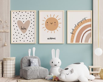 Babyzimmer Poster Dekoration 3er Set im Boho Stil Herz Sonne Regenbogen Wanddeko Kinderzimmer Wand Rahmen Braun Beige minimalistisch modern