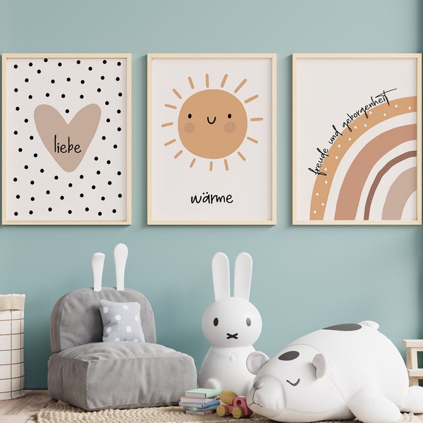 Babyzimmer Poster Dekoration 3er Set im Boho Stil Herz Sonne Regenbogen Wanddeko Kinderzimmer Wand Rahmen Braun Beige minimalistisch modern