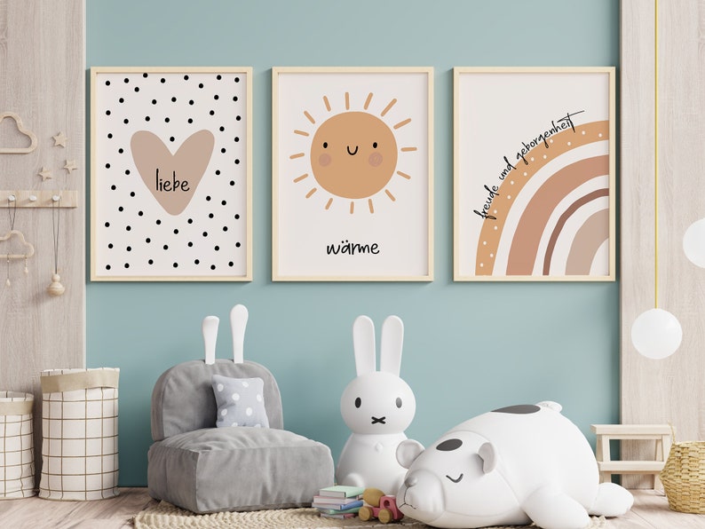 Babyzimmer Poster Dekoration 3er Set im Boho Stil Herz Sonne Regenbogen Wanddeko Kinderzimmer Wand Rahmen Braun Beige minimalistisch modern Bild 1