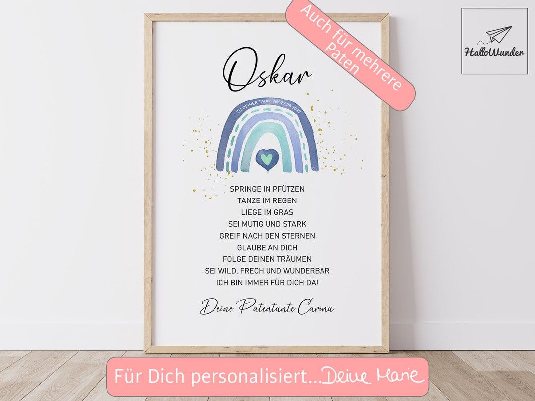 Taufgeschenk Taufe Poster personalisiert Patenbrief Regenbogen Jungen